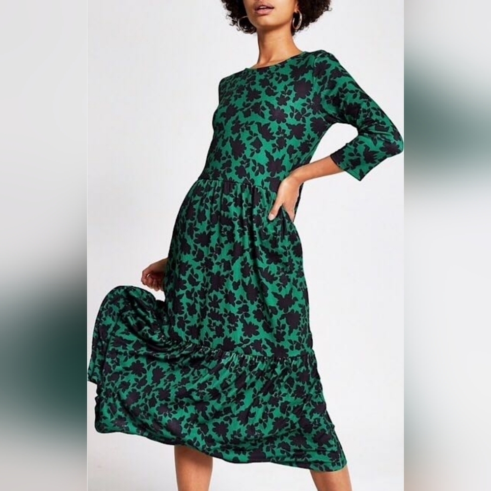 River Island Green Midi Dress with Black Floral Print Tiered Dress Sz. 6(US) NWT